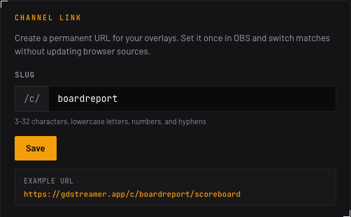 Channel link settings card with slug input and example URL