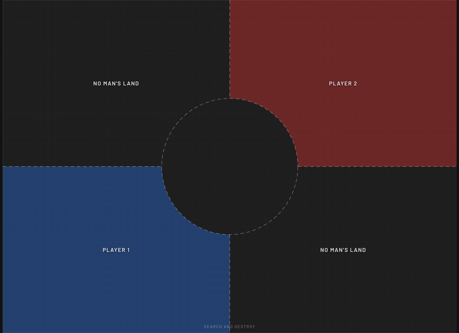 Deployment map in Tech style showing player zones, no man's land, and the center objective