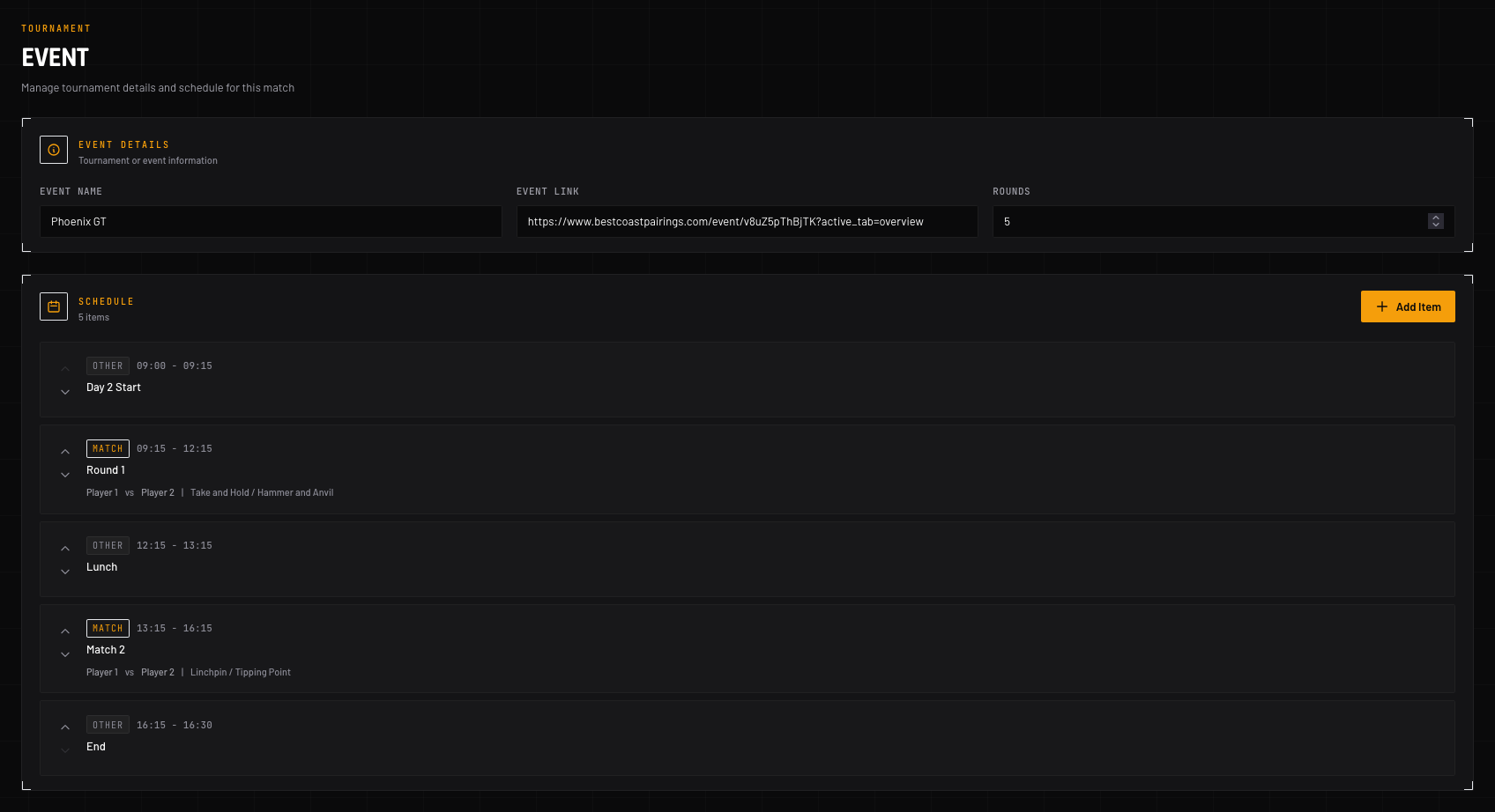 Event tab with tournament details, rounds, and a schedule of matches and breaks
