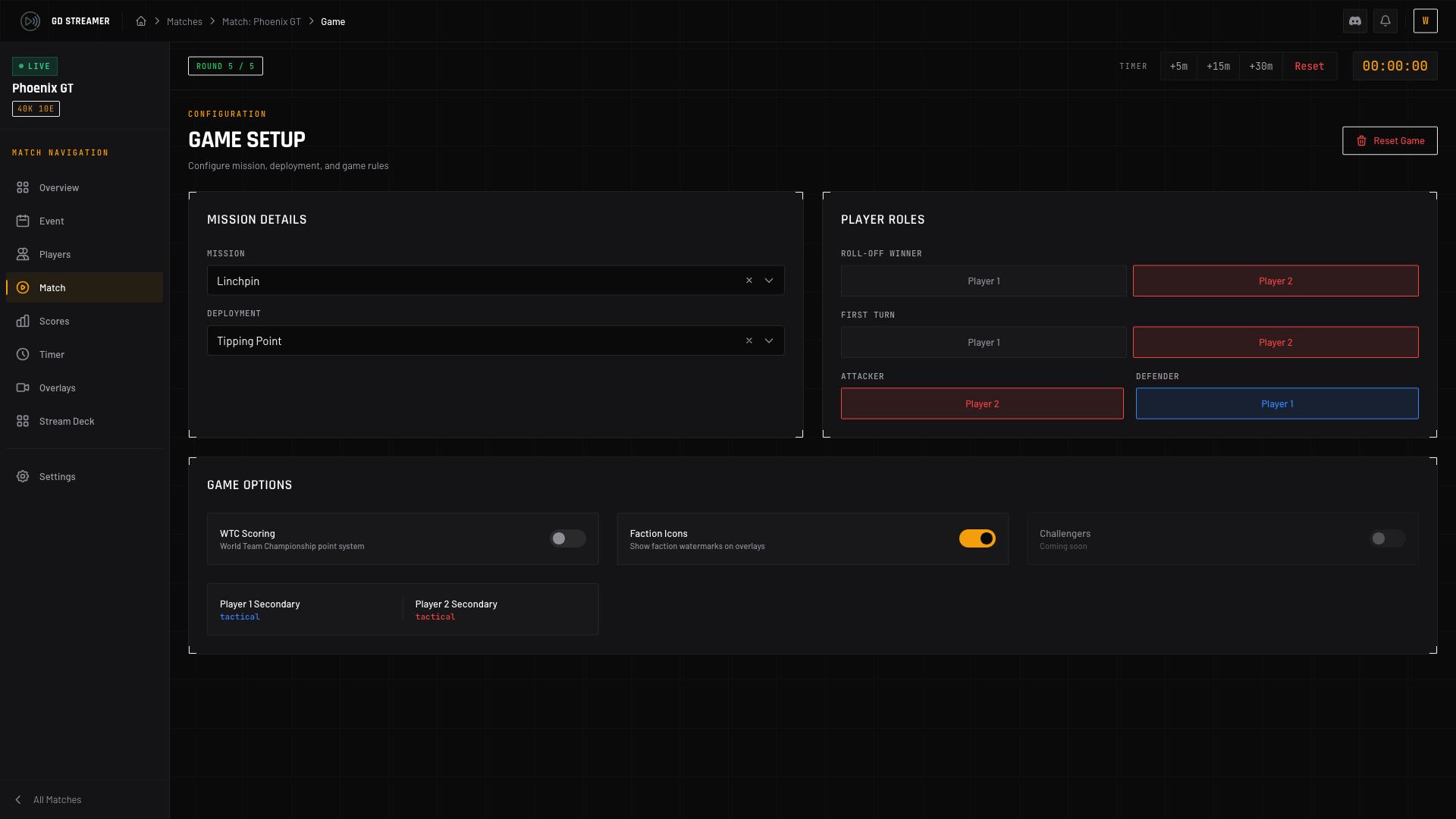 Game settings tab with mission, deployment, player roles, and game options
