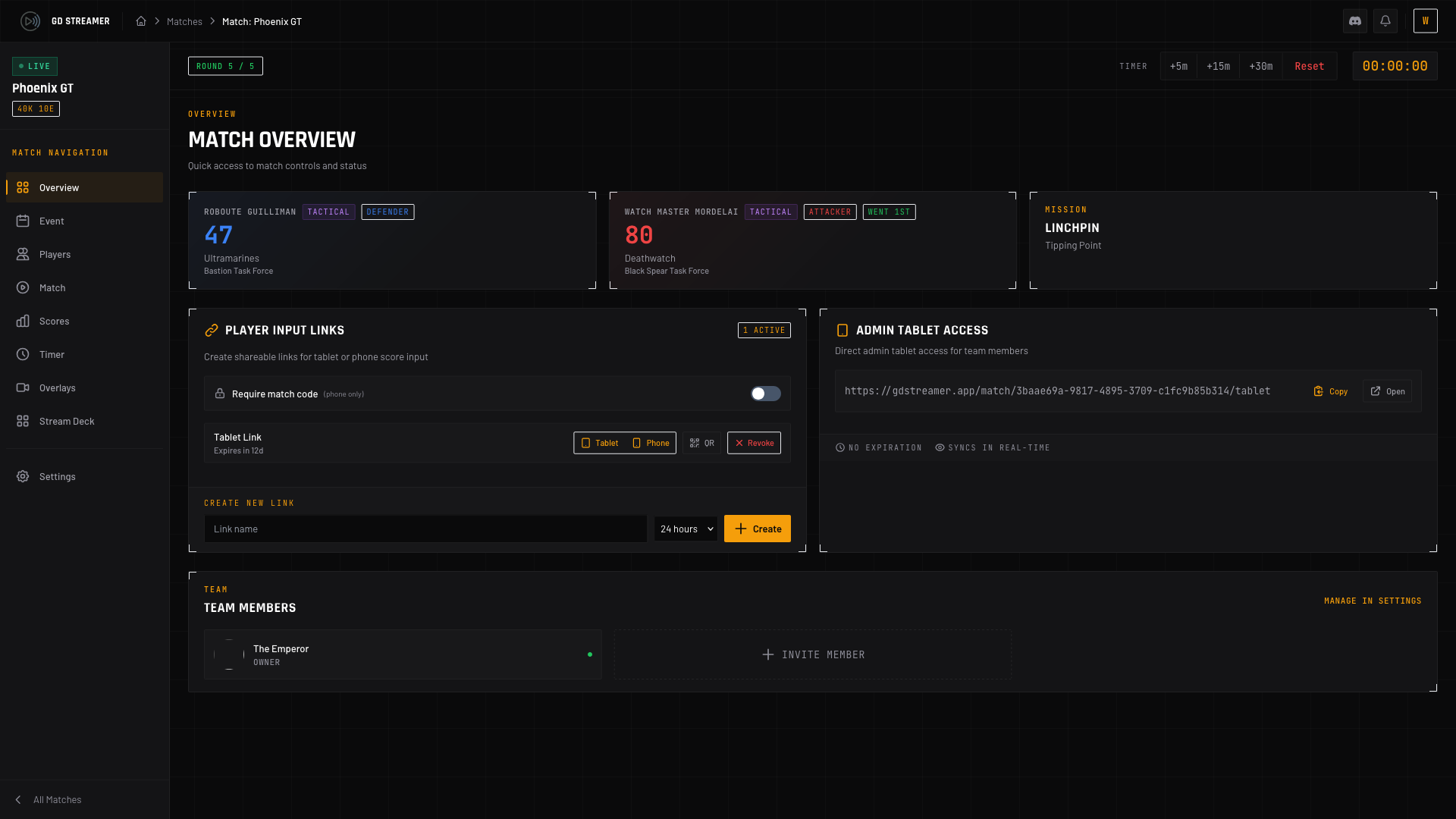 Match dashboard with sidebar navigation, score cards, and share links
