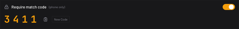 Require match code toggle on with a four-digit PIN and New Code button
