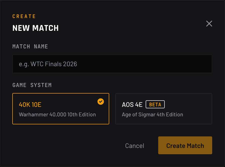 New Match dialog showing name and game system fields