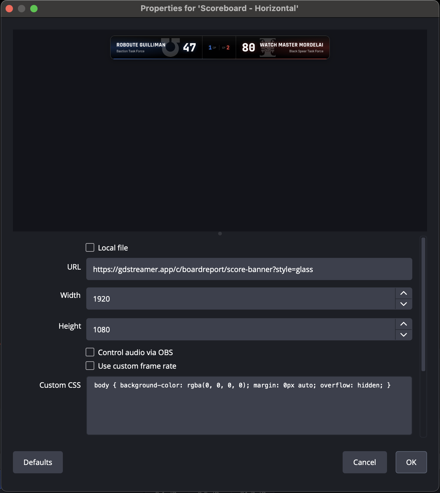 OBS browser source properties with URL, width, and height fields