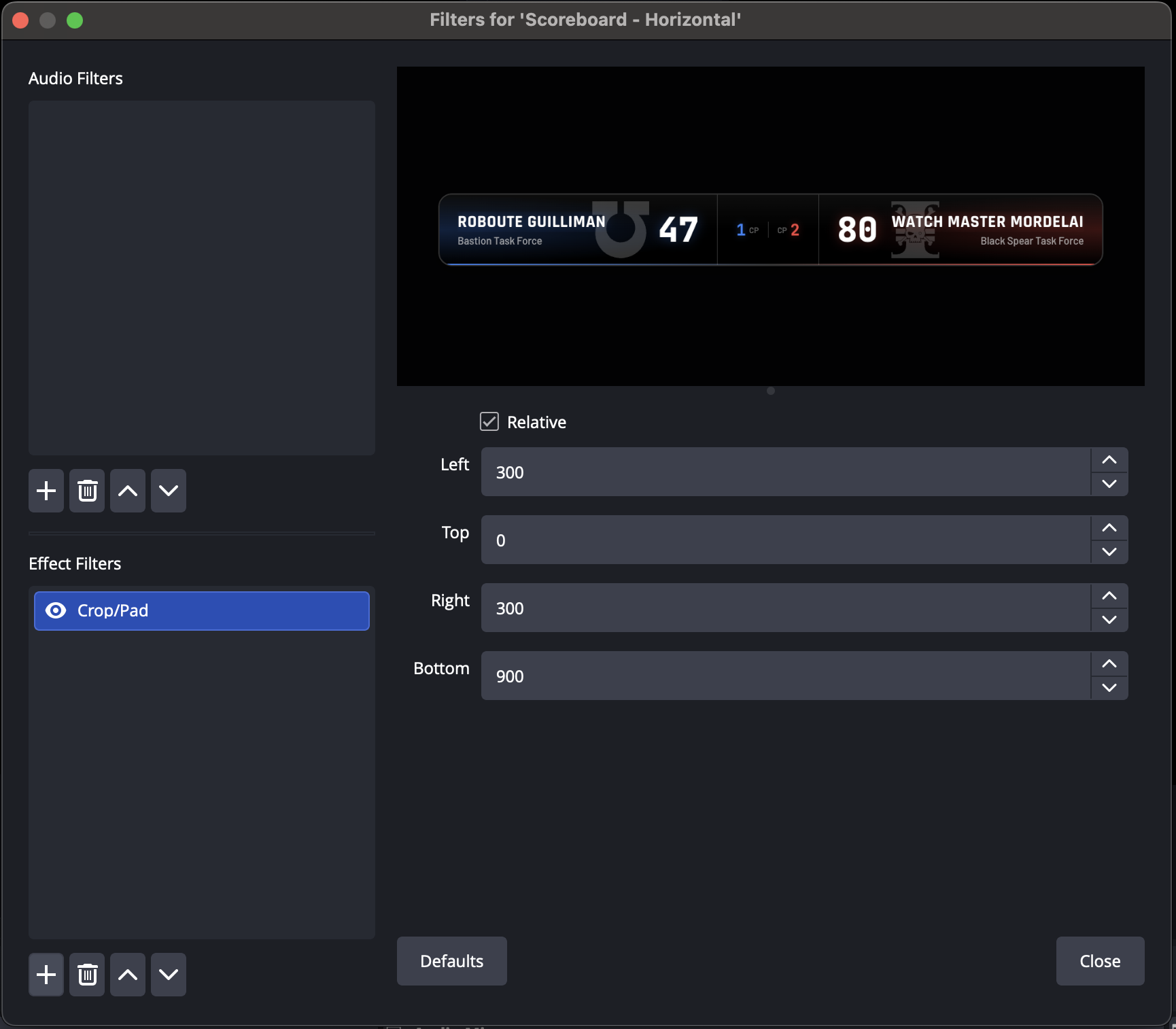 OBS Crop/Pad filter dialog with Left, Top, Right, Bottom values