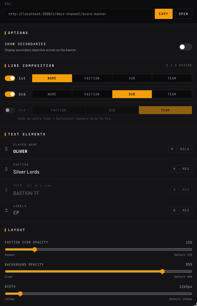 Configure panel for the score banner with URL, options, line composition, text elements, and layout controls