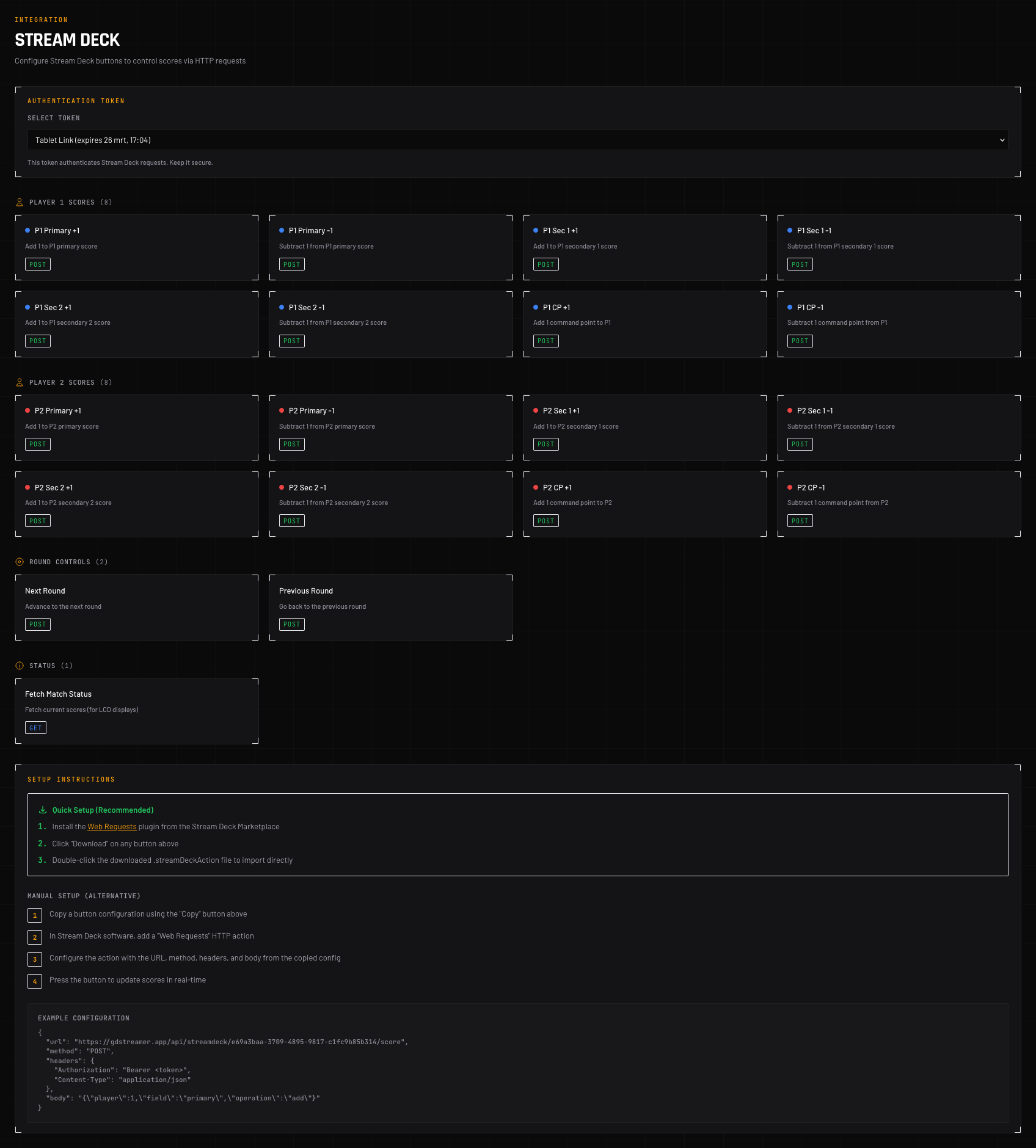 Stream Deck tab with grids of buttons for player scores, round controls, status, and setup instructions