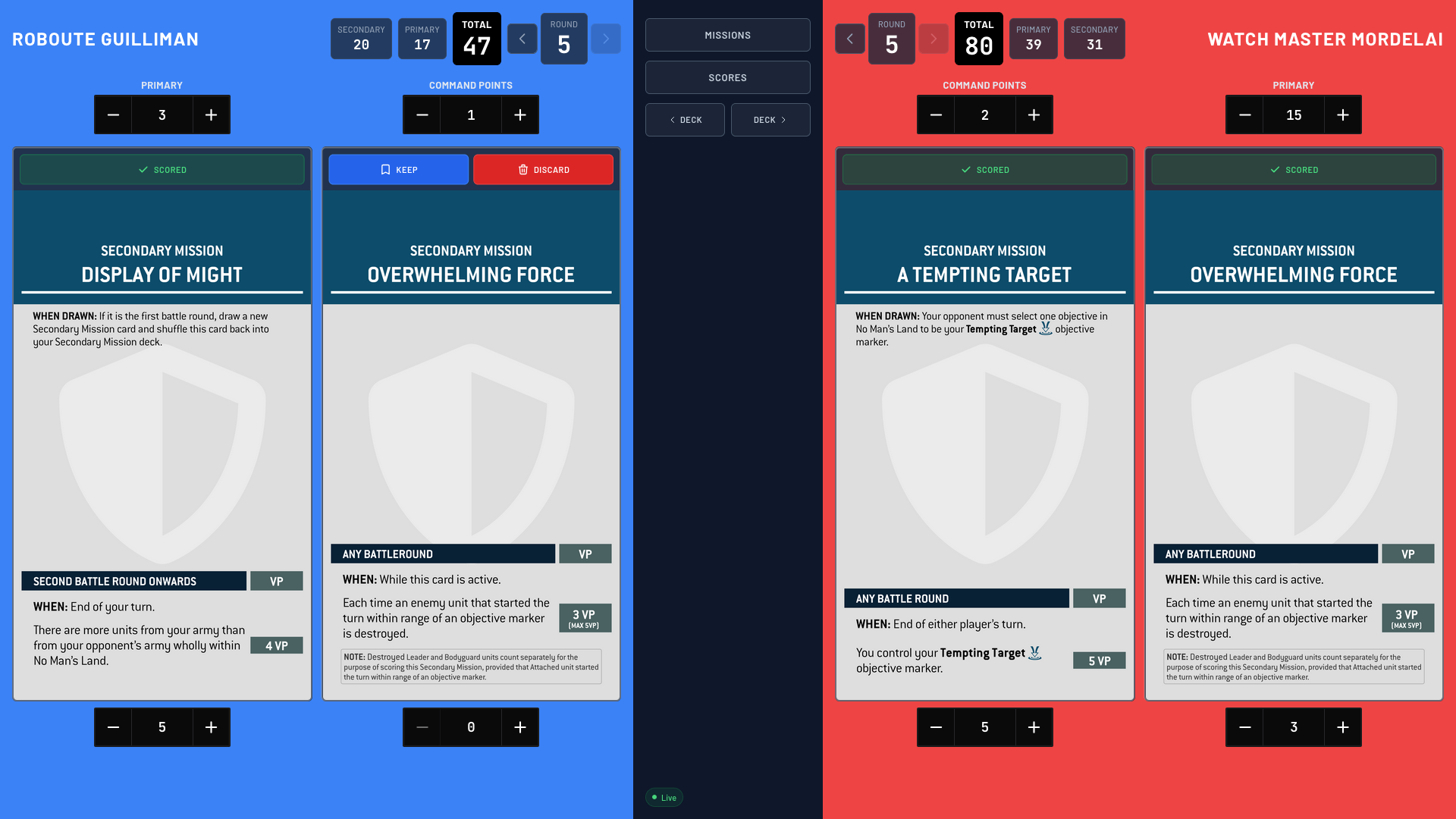 Tablet split-screen interface with both players' scoring panels side by side